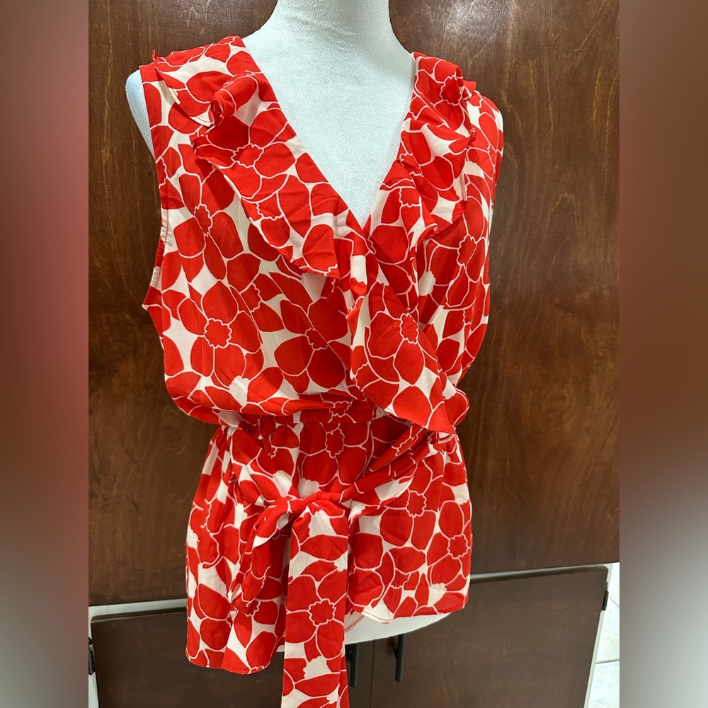 Red Floral Sleeveless Wrap Top